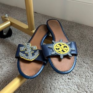 Tory Burch sun and anchor slides! Blue white and yellow. Nautical!
